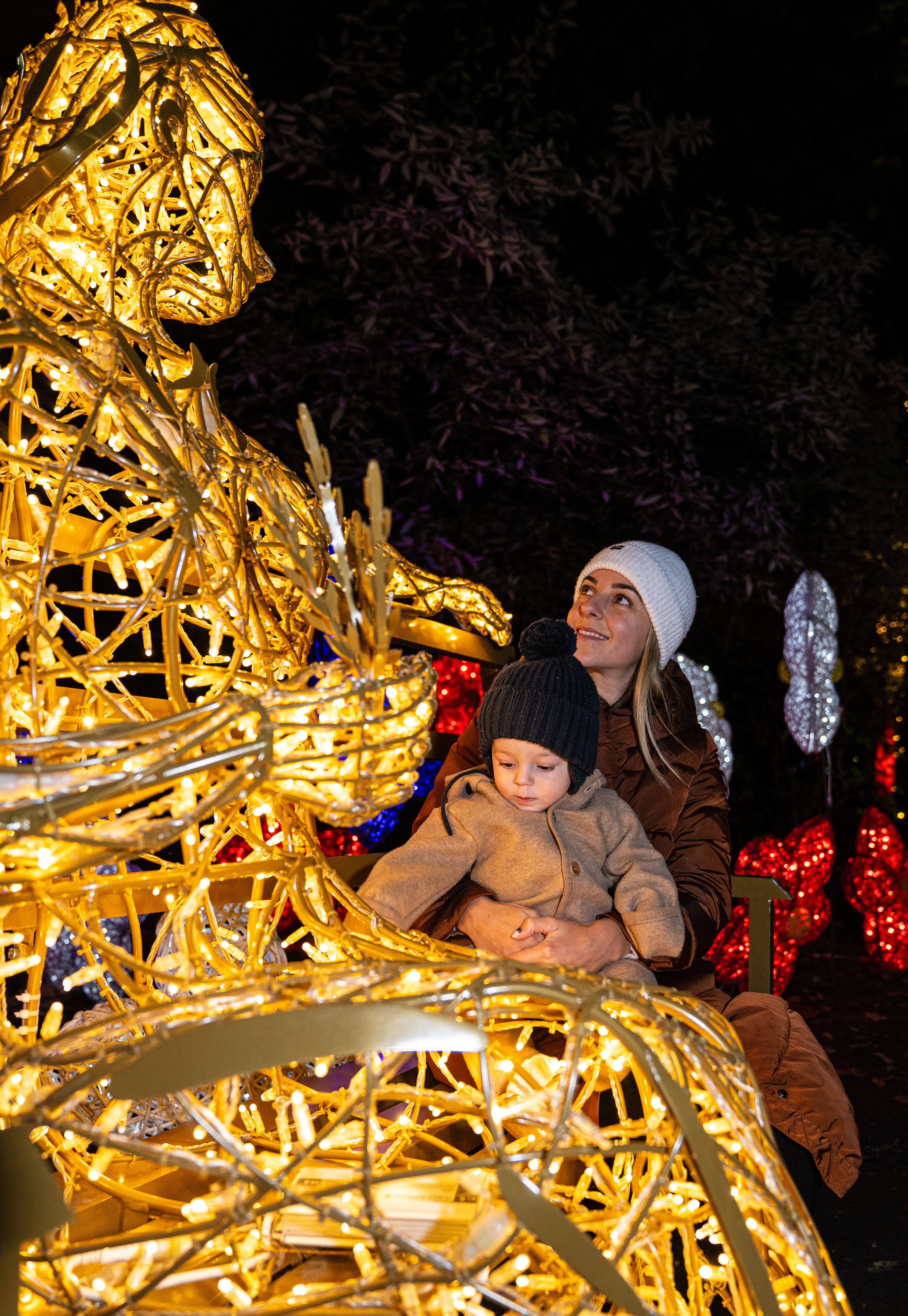 Themed park at night illuminated with dynamic LED lights, immersive lighting design by MK Illumination creating emotional atmosphere for visitors.